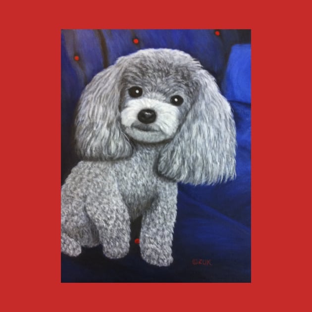 Miniature Toy Poodle Painting on Blue by KarenZukArt