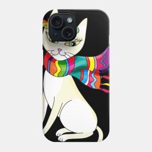 white decorative cat with a scarf and a hat Phone Case