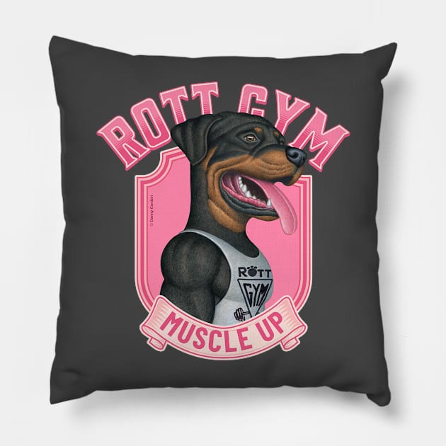 Fun Rottie Dog with pink design going to muscle up at rott gym Pillow by Danny Gordon Art