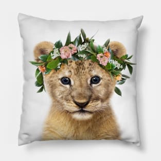 Baby Lion with Flower Crown, Baby Girl, Pink Nursery, Baby Animals Art Print by Synplus Pillow