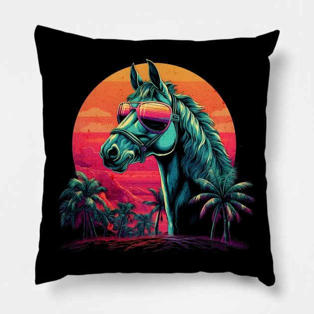 Retro Wave Mustang Horse Miami Pillow by Miami Neon Designs