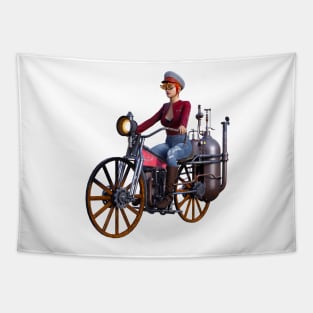 Steampunk woman on steam motorcycle Tapestry