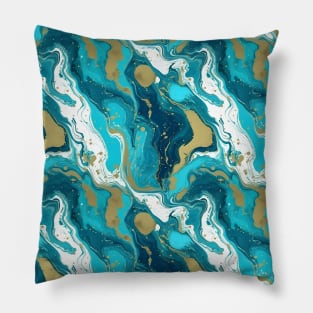 Turquoise and Gold Liquid Marble Texture Pillow