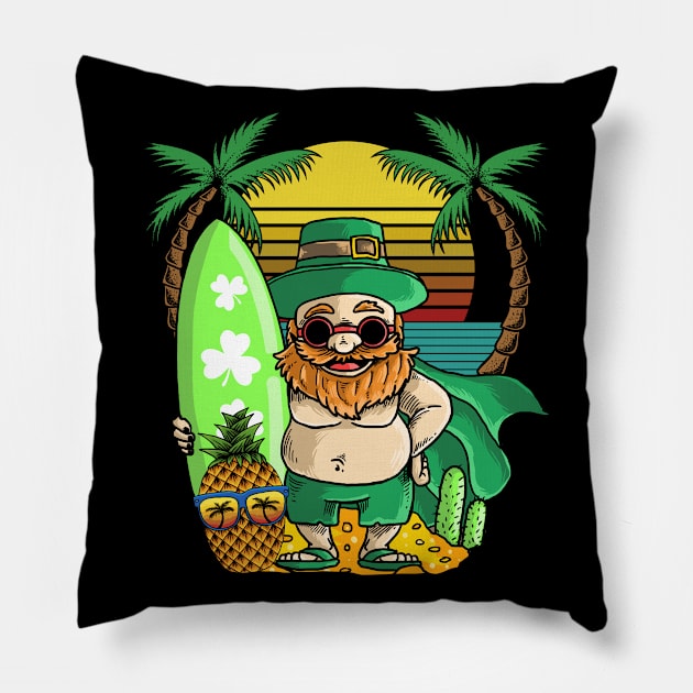 Leprechaun Hawaiian Surfing St Patricks Day Hawaii Pineapple Pillow by Norine Linan 