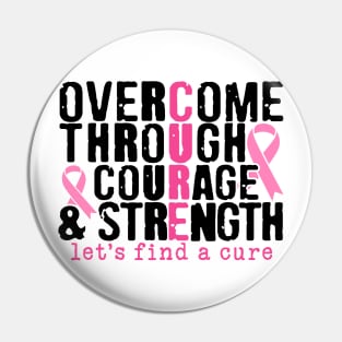 Overcome Through Courage and Strength - Breast Cancer Support  - Survivor - Awareness Pink Ribbon Black Font Pin