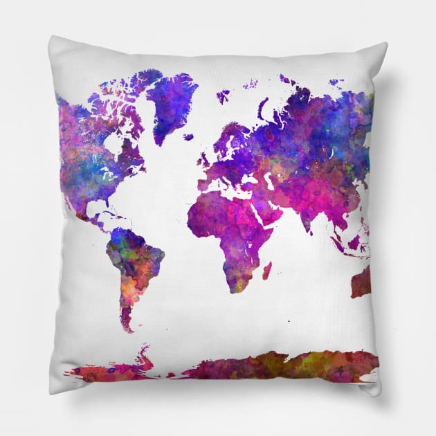 World Map in Watercolor Colorfull 04 Pillow by PaulrommerArt