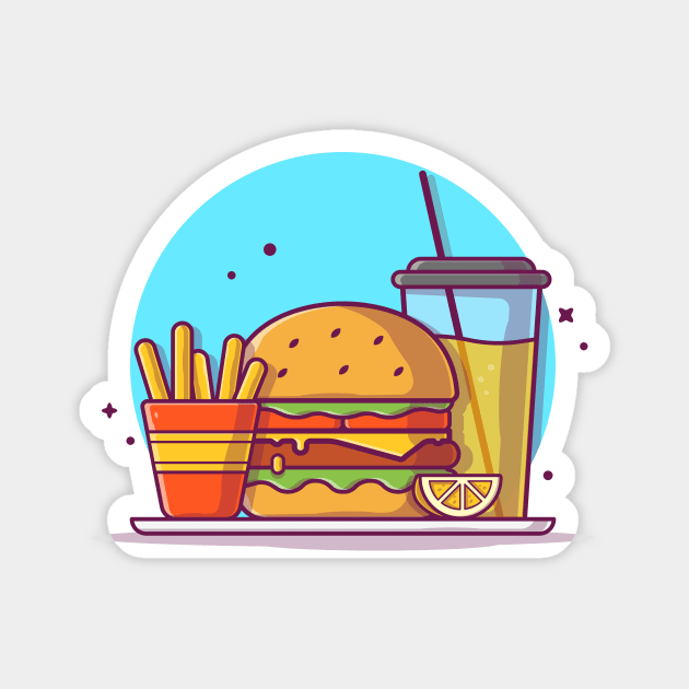 Burger with Orange Juice, Lemon, Mustard, and French Fries Cartoon Vector Icon Illustration Magnet by Catalyst Labs