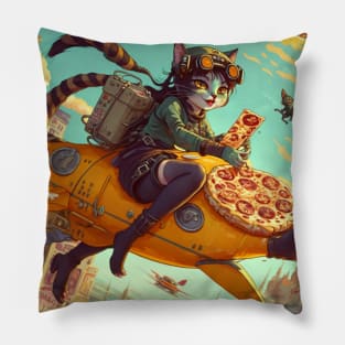 Funny Cat Flying and Eating Pizza - Humor Present Gift ideas For Cat Lover Pillow