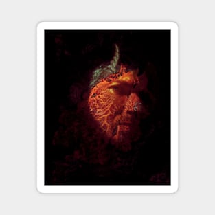 Portrait, digital collage and special processing. Devil face, side. Horn and lava texture. Red spots, glowing orange. Magnet