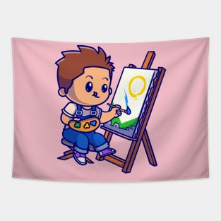 Cute Boy Is Painting Cartoon Tapestry