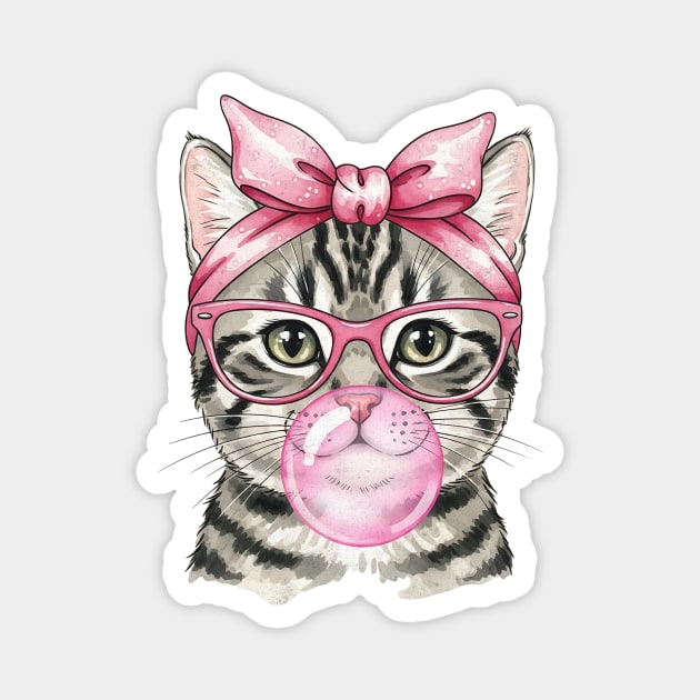 Cute Kitty with Bow and Bubblegum Magnet by Designed By Marty