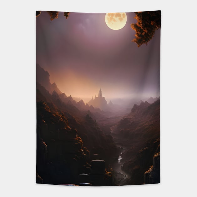Mystic Full Moon over Fantasy Red Rock Valley Digital AI Art Tapestry by Christine aka stine1