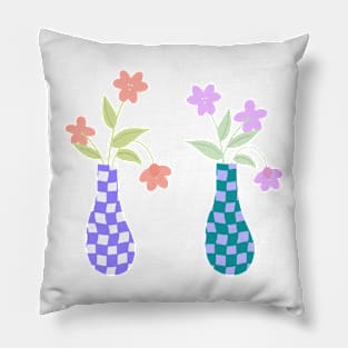 Pair of Checkered Vases with Pink and Purple Flowers Pillow