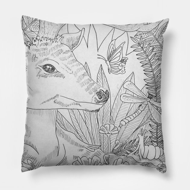 Deer in Forest Drawing Pillow by ARTWORKandBEYOND