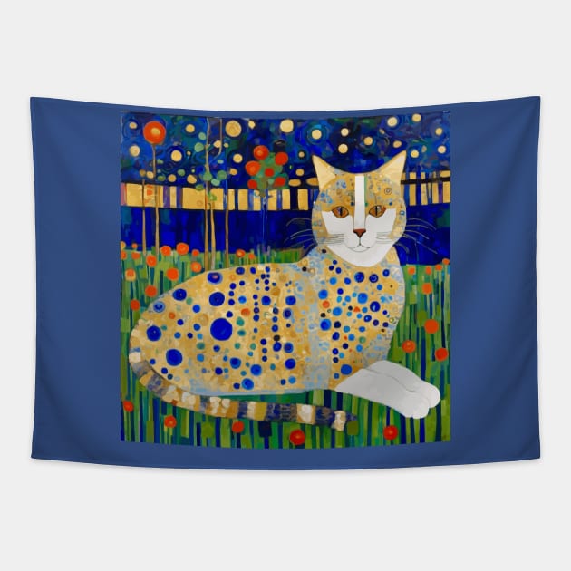 Klimt Tabby Cat with Blue Spots in Flower Garden Tapestry by bragova