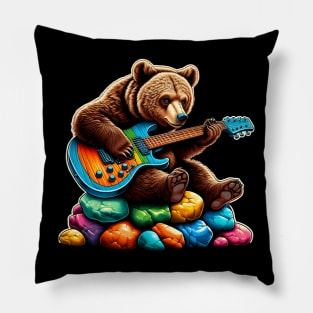 Cute Brown Bear Playing An Electric Guitar Pillow