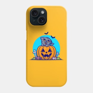 Cute Grey Cat With Pumpkin Halloween Cartoon Vector Icon Illustration Phone Case