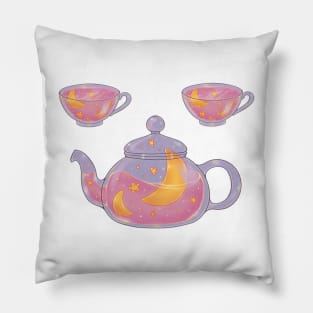 Soft pink night tea set with dark background Pillow