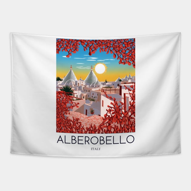 A Pop Art Travel Print of Alberobello - Italy Tapestry by Studio Red Koala