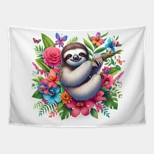 A sloth decorated with beautiful colorful flowers. Tapestry