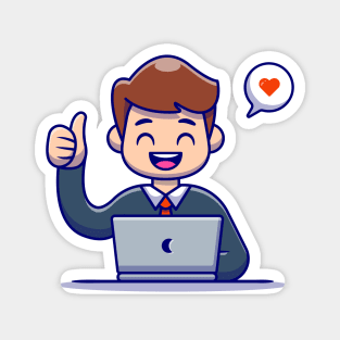 Man Employee Thumbs Up With Laptop Magnet