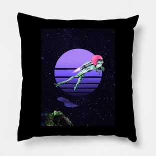 Flying Frog with a Rocket in the Space Galaxy - Vaporwave Pillow