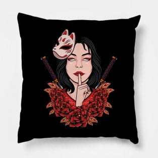 JAPANESE WOMEN GIRL WITH FLOWER ILLUSTRATION Pillow