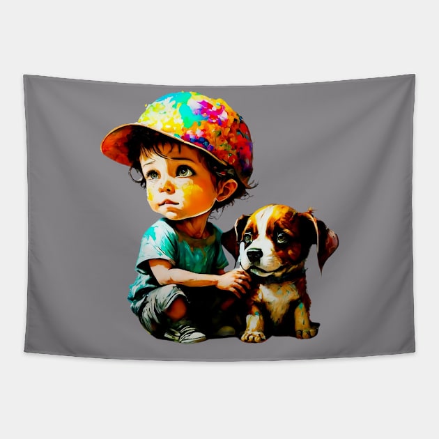 cute boy and puppy Tapestry by Sravudh Snidvongs