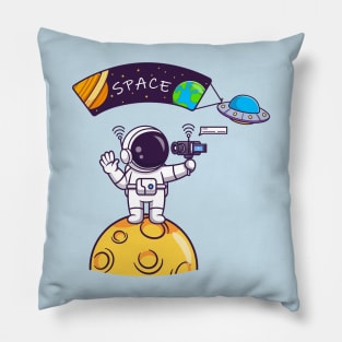 Cute Astronaut Vlogging On Space Cartoon Pillow