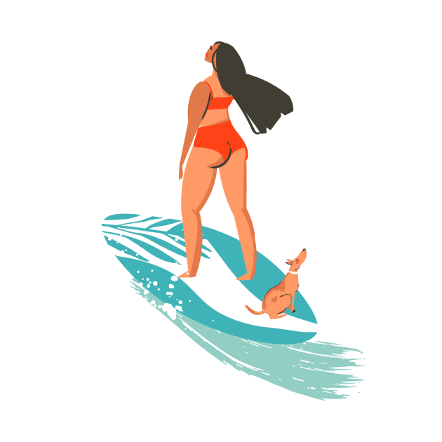 BEACH SURFING WOMEN WITH DOG by Trio Store