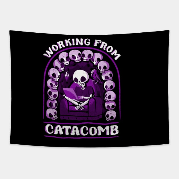 Funny Spooky Skeleton Working from Home - Catacomb Tapestry by aaronsartroom