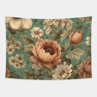 Teal Beige Botanical  Chic Country Cottagecore Vintage Floral Tapestry