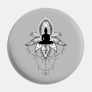 Wonderful lotus with buddha, black and white, zentangle Pin