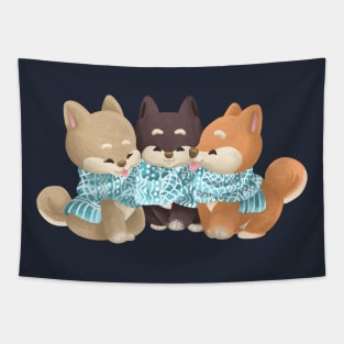 Trio Shiba Dog Sharing a Scarf Tapestry