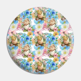 Hatching Chicks with Flowers in Blue, Pink, and Yellow Pin