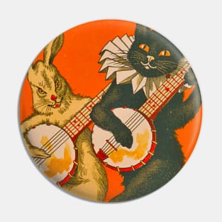 A cat playing the banjo and the musical rabbit accompanying it, a pair of cheerful and musical animals. Vintage drawing Pin