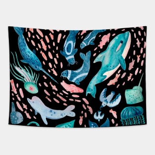 Watercolor Arctic Mammals and Fish Tapestry