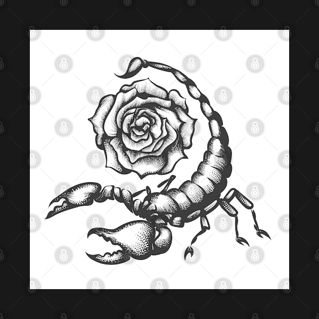 Scorpio and Rose Flower Tattoo in Engraving Style by devaleta