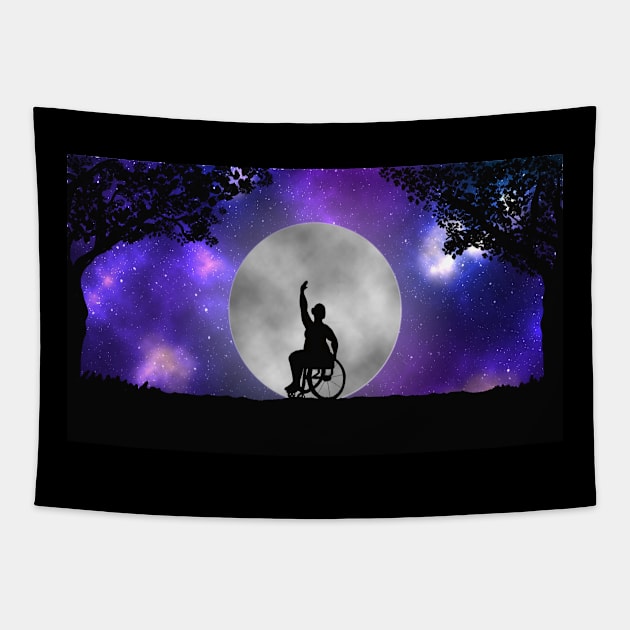 Plus size disabled wheelchair user ballerina dancing before a full moon and galaxy Tapestry by Kyttsy Krafts