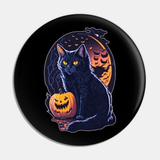 Halloween Black Cat with Pumpkin - Retro Meowloween Pin