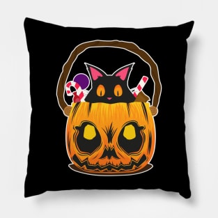 Black cat in malevolent pumpkin full of sweets on Halloween Pillow