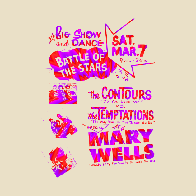 The Temptations , Contours , Mary Wells concert graphic by HAPPY TRIP PRESS