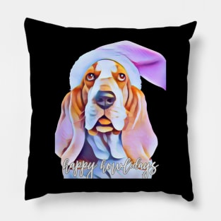 Cute Basset Hound in Pink Santa Hat with Happy Howlidays Pillow