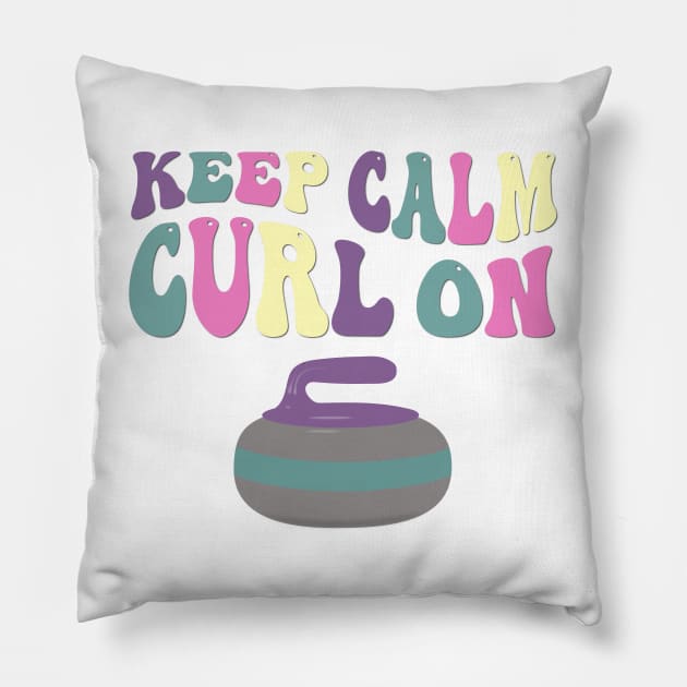 Groovy Retro Curling Sport Design - Keep Calm Curl On Pillow by Pixel Impressions Co