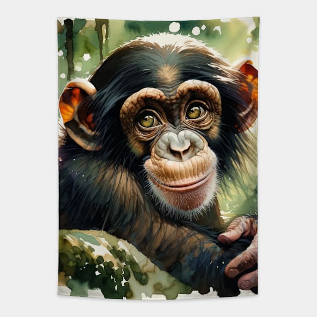 Jungle Gaze: Thoughtful Chimpanzee Watercolor Tapestry by Aquarelle Impressions