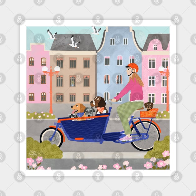 Lady pedalling a cargo bike full of dogs on Dutch street Magnet by NattyDesigns