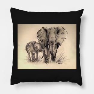 Always Here for You - Elephant ink wash painting on watercolor paper Pillow