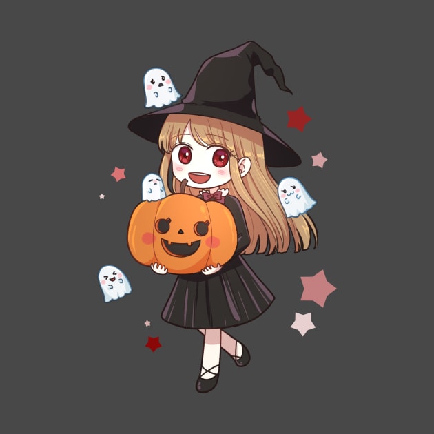 Cute Halloween Anime Witch, Ghost & Pumpkin by Hiro Fiction