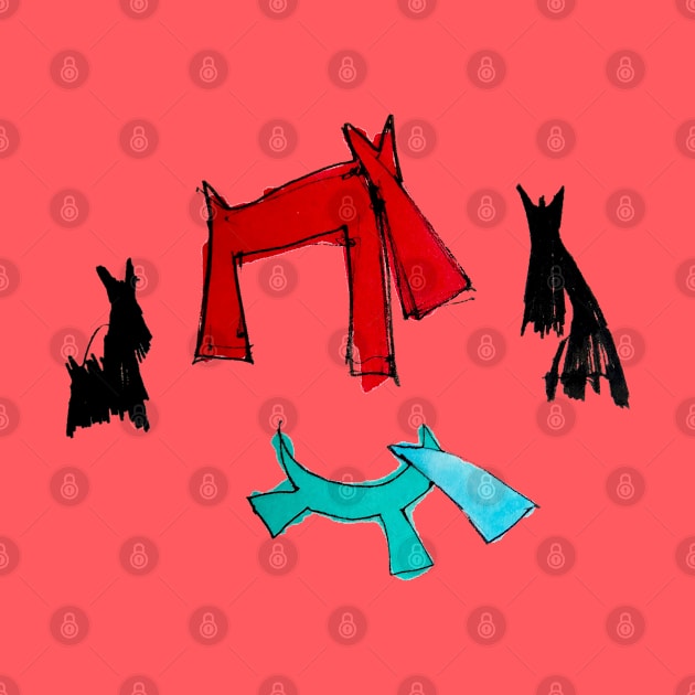 Red, black, blue dancing dogs by Mzerart