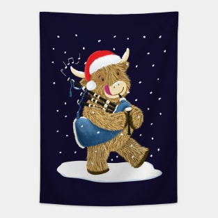 Scottish Highland Cow Piper Plays Bagpipes In Christmas Snow Tapestry